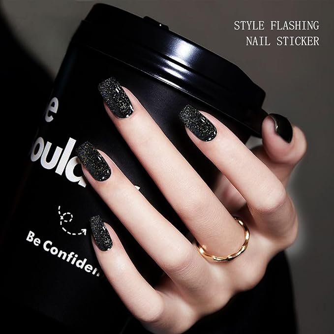 JMEOWIO Gel Nail Stickers Black Cat Eye Semi Cured Gel Nail Strips Wraps UV/LED Supplies Nails Art Design Decoration Accessories