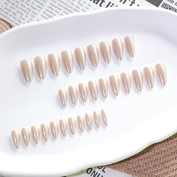 Gold Press on Nails Almond Fake Nails Press ons Gold False Nails Acrylic Glossy Full Cover Glue on Nails Cute Artificial Stick on Nails for Women Nails Decorations 24 Pcs