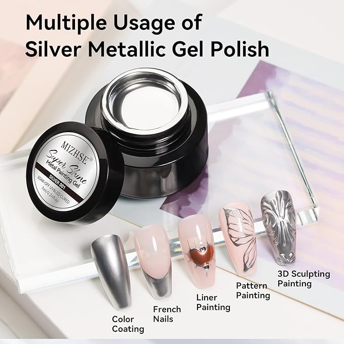 MIZHSE Metallic Silver Gel Polish, Chrome Gel Polish Mirror Painting Drawing Gel for Nail Art Glossy Mirror Effect Soak Off U V LED Gel for Nail Salon Home DIY Manicure