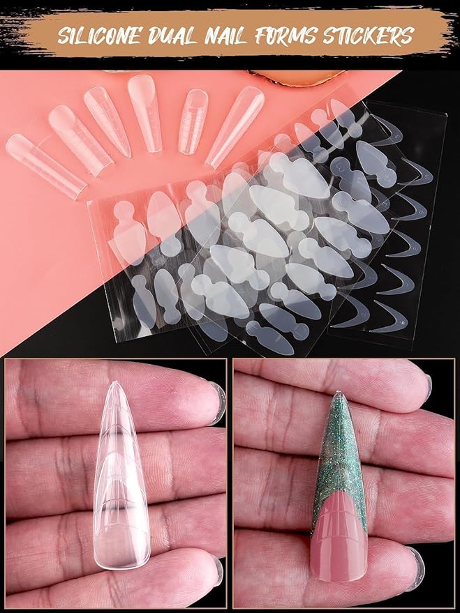 EBANKU 288PCS Poly Extension Gel Dual Nail Form, Stiletto Coffin Acrylic Nail Forms for French Nails, 76PCS Dual Forms French Sticker Silicone Pads, 6 Styles Scale for Manicure Extension
