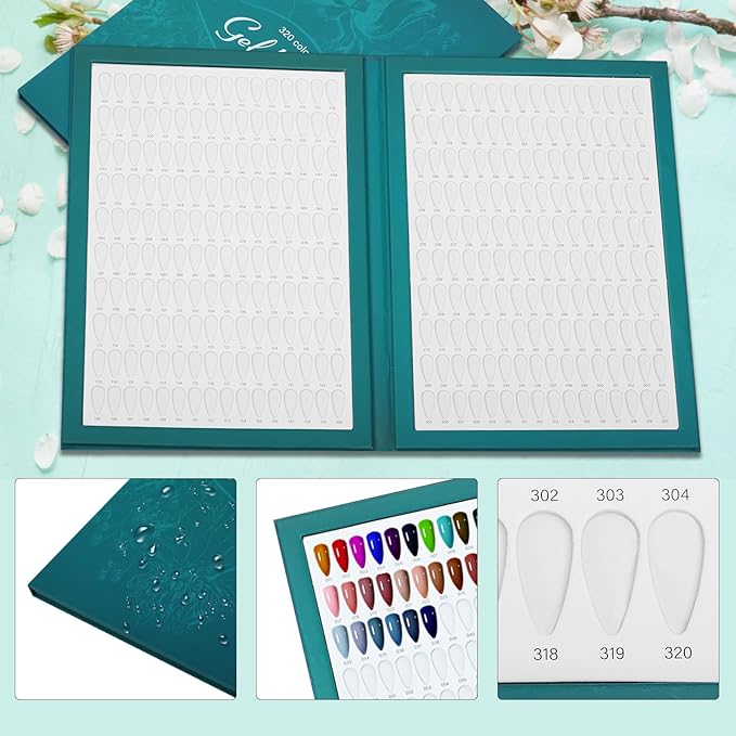 320 Nail Color Book,with 480 False Tips & 1-400 Number Labels,Professional Nail Color Swatches Book for UV Gel Polish Nails Art Design(Green)