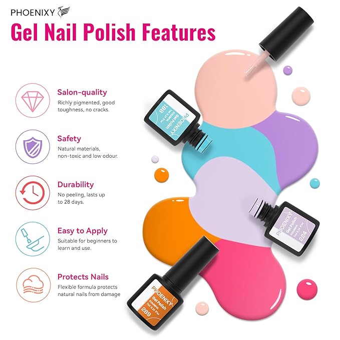 PHOENIXY 51 Pcs Gel Nail Polish Kit with U V Light, 40 Pcs Gel Polish with 5 Pcs Base Top Coat Manicure Starter Nail Polish Set Gifts for Women ST9016