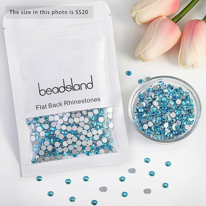 Beadsland Flat Back Crystal Rhinestones Round Gems for Nail Art and Craft Glue Fix, Aquamarine AB, 4.6-4.8mm, SS20/1440pcs