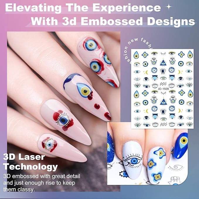 12 Sheets Evil Eye Nail Art Stickers Decals Self Adhesive Pegatinas Uñas Turkish Blue Eye Hamsa Hand Eye of Fatima Manicure Tips Devil Eye Nail Decoration for Women Girls Gift 807-7