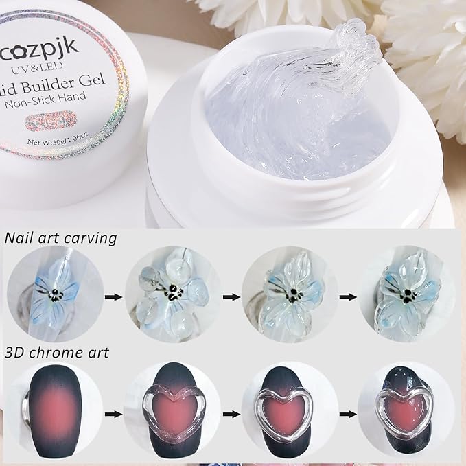 30g Solid Builder Gel For Nails and 15g Liner Gel Polish, Clear Non-sticky Hard Gel for Nail with Silicone Carving Pen 3D Sculpting Gel Building Gel Nail Extension Gel Nail Salon Supplies