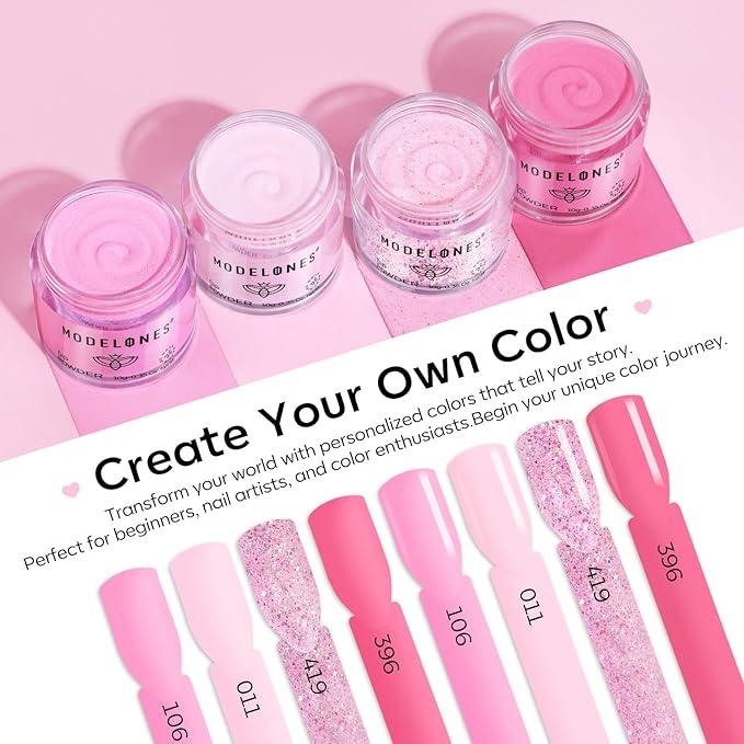 Modelones Dip Powder Nail Kit, 4 Colors Pink Glitter Spring Summer Dipping Starter Set with Liquid and Complete Accessories for French Nails Art Salon DIY at Home Manicure