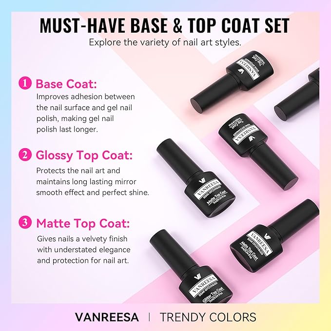 VANREESA 24 Pcs Gel Nail Polish Set, 21 Colors Gel Polish with Base Coat Glossy & Matte Top Coat Yellow Green Blue Pink Purple Orange Gel Polish Kit Nail Kit Gifts for Women Girls