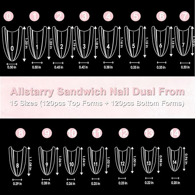 Allstarry Sandwich Dual Nail Forms, Reusable Sandwich Dual Forms 240pcs 15 Sizes Almond Round Nail Extensions Plastic Poly Gel Nails Forms for Builder Gel No Paper Forms Needed Moldes Dual Nails Molds