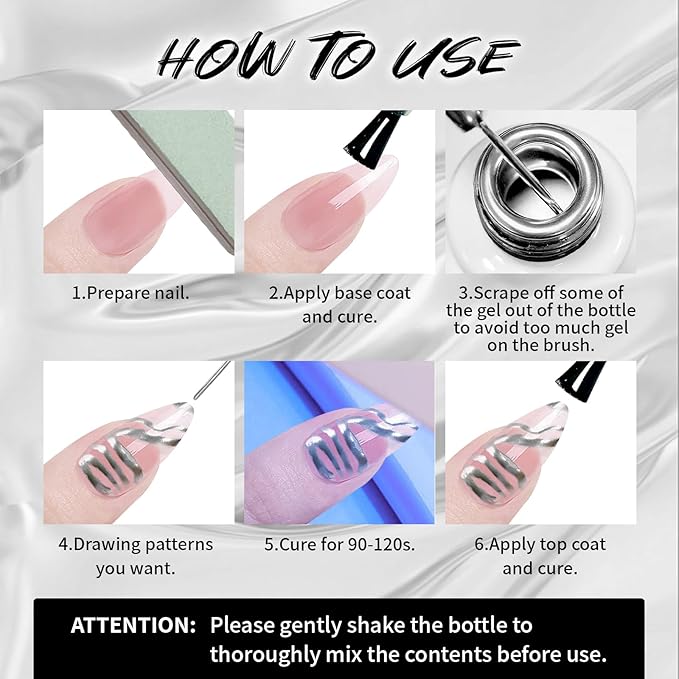 12ml Metallic Painting Gel Liner Nail Art 3D Mirror Chrome Effect Nail Polish Metal Painted Drawing Build in Thin Brush Soak Off UV/LED Ultra Mirror Silver Gel for Nail Art Manicure