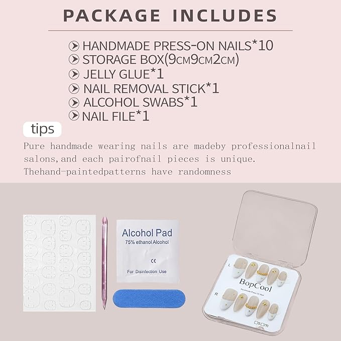 Luxury Handmade false nails，3D Gold French Cross Press-On Nails – Medium Almond Shape False Nails with Rhinestone Embellishments, Elegant Reusable Stick-On Nails(10PCS-M)