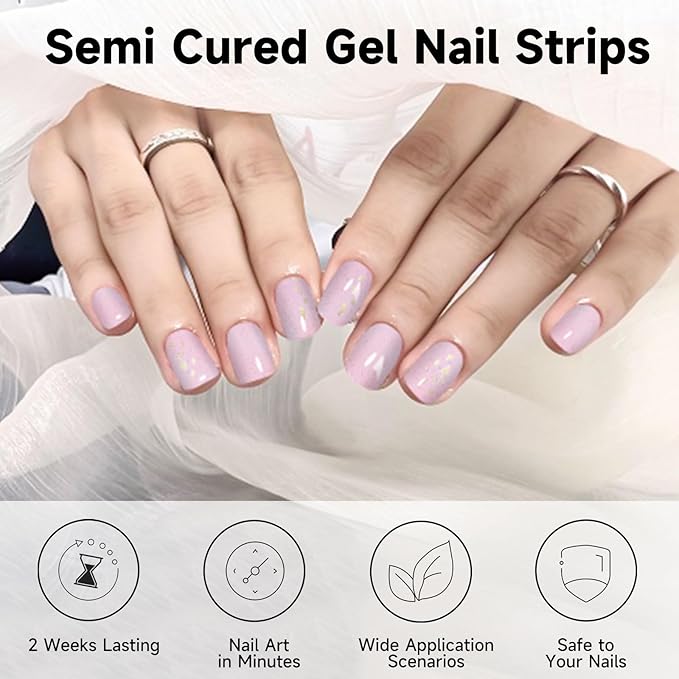 Semi Cured Gel Nail Strips, 28 pcs Gel Nail Stickers Work with Any UV Lights, Long-Lasting Nail Wraps, Stick on Nails for women Easy to Apply & Remove