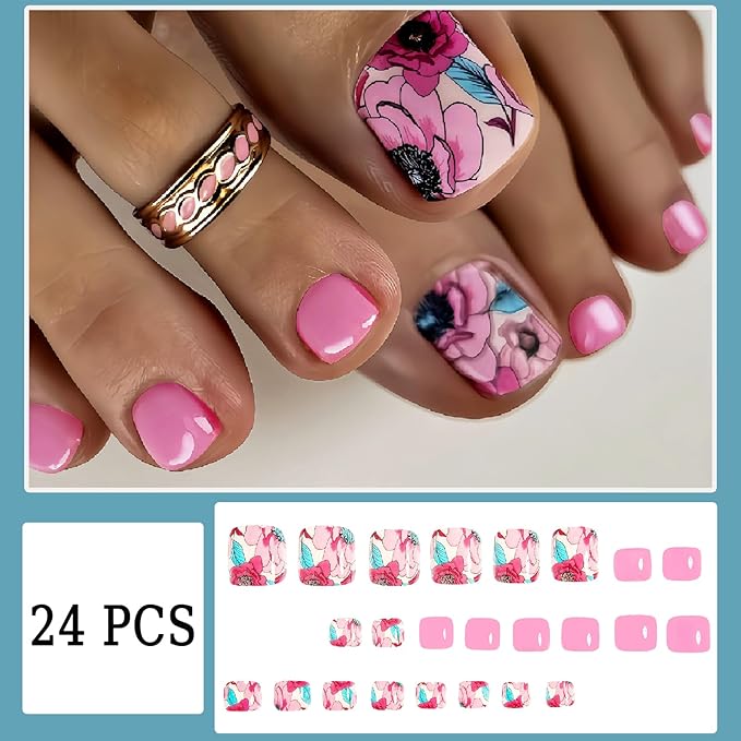 24Pcs Pink Roses Press on Toenails Flower Fake Toe Nails Short Square Shaped Glossy Summer Floral Full Cover Acrylic Artificial Stick on Toenails for Women Girls Manicure Decoration