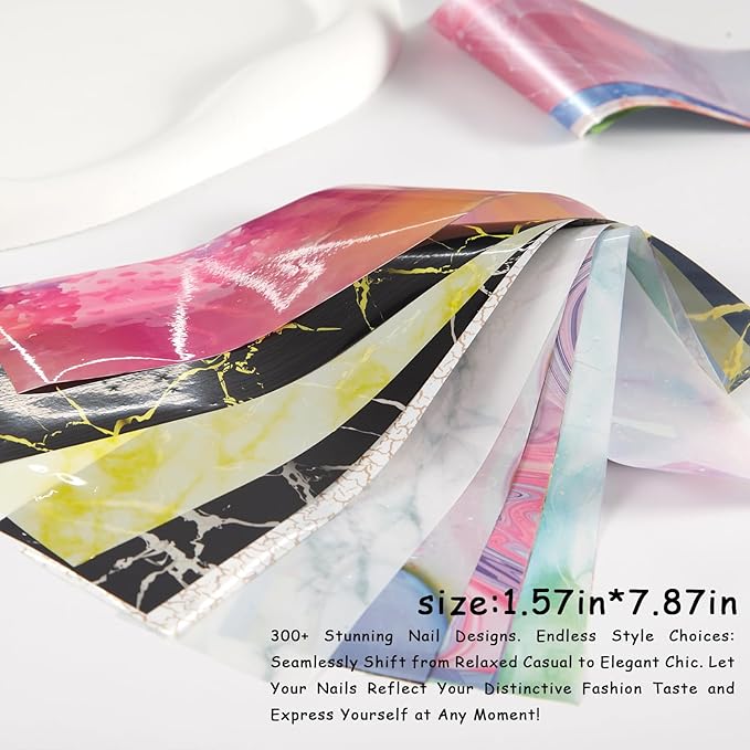 JERCLITY 300 Sheets Nail Foil Transfer Stickers Set Aurora Iridescence Gradient Nail Foils Transfer Nail Art Laser Solid Color Design Foil Sheets for Women Girls