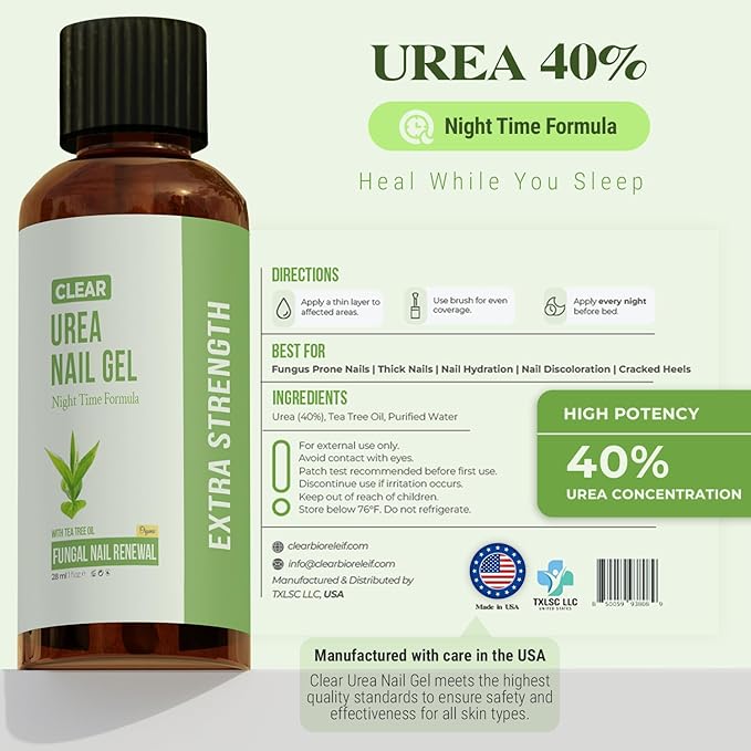 CLEAR Urea Nail Gel with Tea Tree Oil Made in USA – Night Time Formula -Softens, Hydrates & Repairs Nails –Urea Gel with Fast & Visible Results, Trusted by Health Professionals