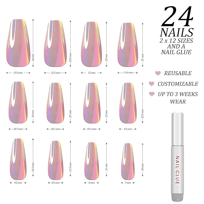 Hypnaughty 24 Pcs Mauve Chrome Coffin Medium Long Press On Nails and Glue Reflective Mirror False Nails (Mauve Chrome)