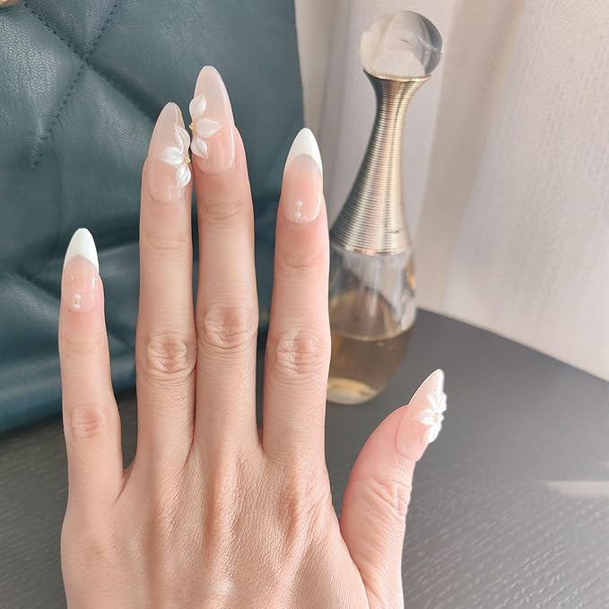 10 Medium Almond Handmade Press On Nails | Coquette Aesthetic Light Nude Pink French Fake Nails with 3D Floral & Gold Stud Accents | Reusable Salon Quality Nails(5U03, M)