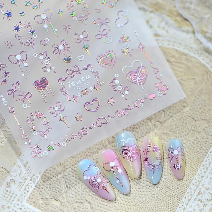 5D Embossed Valentines Day Nail Art Stickers for Nail Art Bow Nail Stickers with Pink Bow Star Heart Romantic Self Adhesive Design Cute Nail Decals Nail Art Supplies for Women Acrylic Manicure Tips