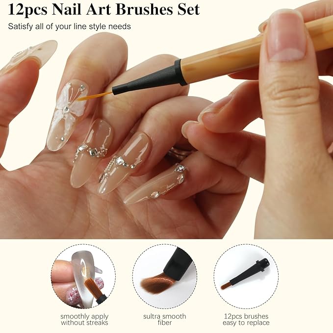 12Pcs Nail Art Brush Set,Professional Nail Art Brush Set with Push-Button Quick-Change,Nail Brushes for Acrylic,Gel,French Tips & Designs,Ergonomic Portable Kit with Storage Case(Wood Grain)