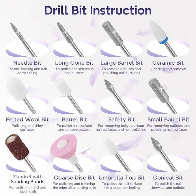 Electric Nail Drill Professional 35000RPM,Rechargeable Electric Nail File Cordless with 9-Speed & LED Display,12-in-1 Portable Manicure Pedicure kit for Acrylic Gel Dip Powder Nails (Purple)
