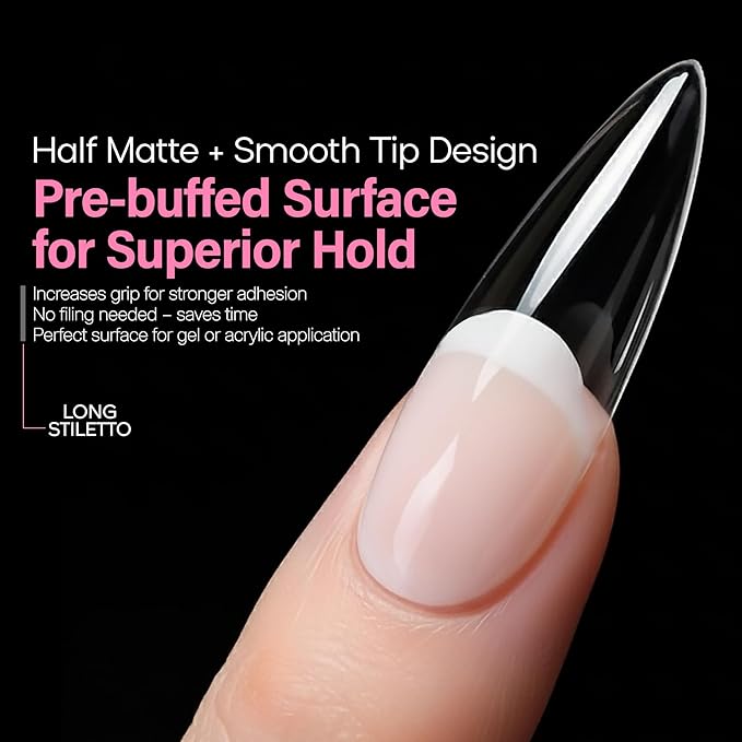 GELPARTY Soft Gel Nail Tips Long Stiletto - 240Pcs Pre-Buffed Matte Full Cover Tips - No Filing Needed, Soak Off Gel Extension System - Clear False Nails (12 Sizes)