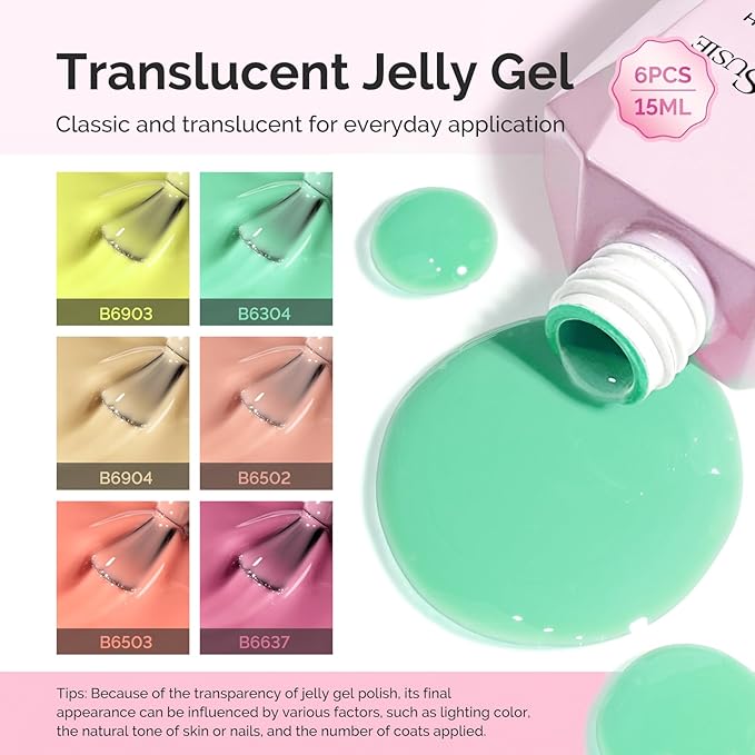 MelodySusie Jelly Gel Nail Polish Set,6 Transparent Colors,Milky or Jelly Texture,Soft Candy Colors Soak Off UV LED Light Cure or Salon Manicure and Nail Art DIY at Home 15ML 0.3Fl Oz