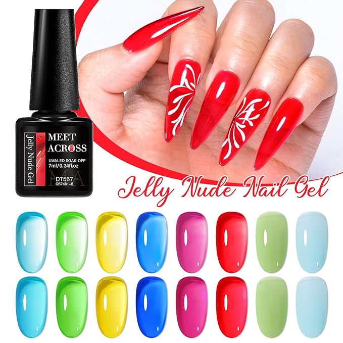 MEET ACROSS Neon Jelly Gel Nail Polish Nude Crystal Gel Polish Hot Pink Red Blue Purple Nail Art Manicure Gifts for Women 8 Colors