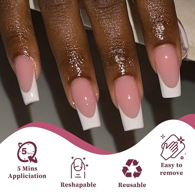 120PC White French Tip Press on Nails Medium Fake Nails Press ons with 5*Adhesive Tabs, Pink Square Acrylic Nail Press on Nail French Tip Nails False Artificial Fingernails Stick on Nails-A