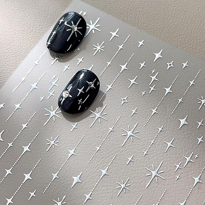 3 Sheets Star Nail Art Stickers 3D Self Adhesive White Silver Gold Nail Stickers Star Nail Decals with Design Glitter Nails Supplies for Women Girls DIY Manicure