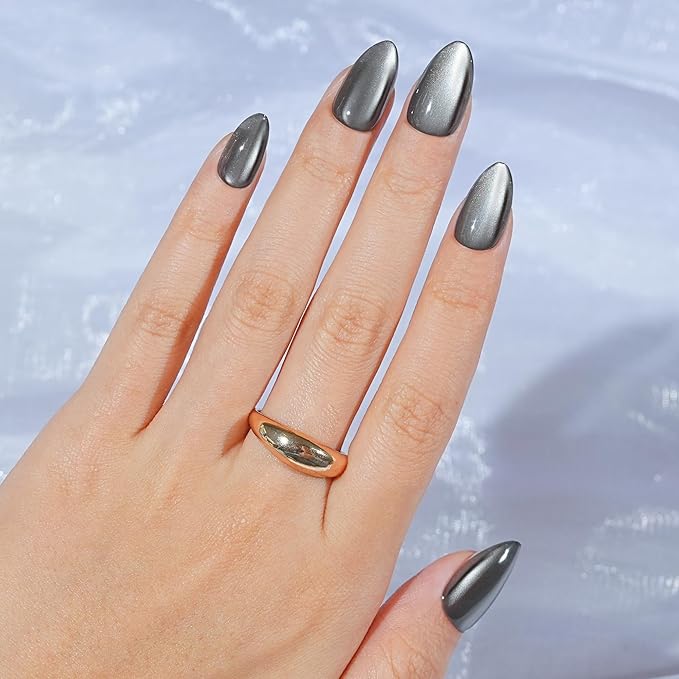 Grey Press on Nails Short Almond, Jofay Fashion Cat Eye Soft Gel Fake Nails, Reusable & Natural Acrylic False Nails, Glue on Nails Kit for Women Girls Gift 32 Pcs