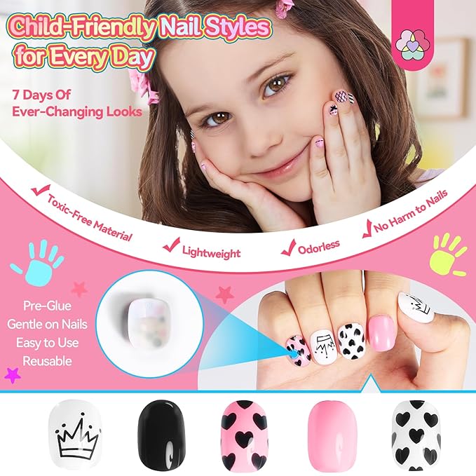 SAVILAND Glamkids Press on Nails for Kids: 7 Days Of Ever-Changing Looks Kids Press on Nails Gentle Fake Nails Pre Glue Full Cover Nails for Christmas Gift Party PlayfulNails