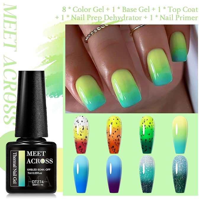 MEET ACROSS 12PCS Color Changing Gel Nail Polish Set Blue Green Mood Temperature Change Nail Polish Eggshell Gel Polish Set Nail Art Design 8 Colors