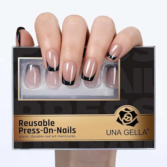 UNA GELLA 32Pcs Soft Gel Press on Nails - 16 Sizes Black Chrome Mirror French Tip Short Square Glue on Nails, Reusable Metallic Black False Nails, Acrylic Nail Kit for Women DIY Home Manicure