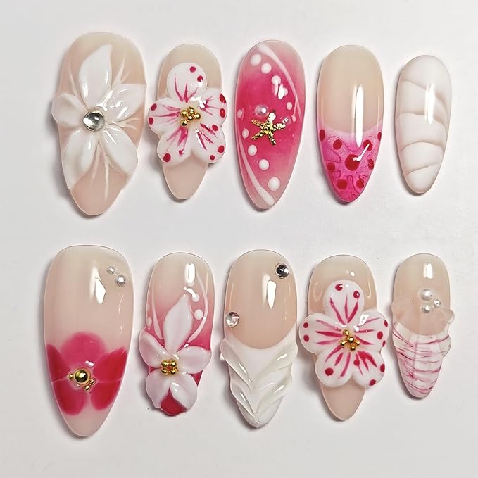 Handmade Acrylic Press On Nails Almond, Red Press On Nails Medium, Flower 3D Nails French Tip Star Bubble Preal For Women Gift, Reusable Stick On Fake Nails Kit With Nail Glue (Romantic Floral-M)