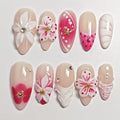 Handmade Acrylic Press On Nails Almond, Red Press On Nails Medium, Flower 3D Nails French Tip Star Bubble Preal For Women Gift, Reusable Stick On Fake Nails Kit With Nail Glue (Romantic Floral-S)