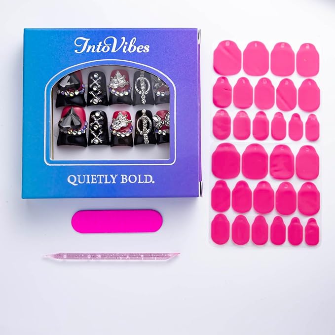 10 Pieces Luxury Acrylic Press On Nails Short Handmade Duck Nails, Black Thickened False French Nails, Punk-style Metal Accessories And Black Hearts, Reusable Acrylic Nails (L)