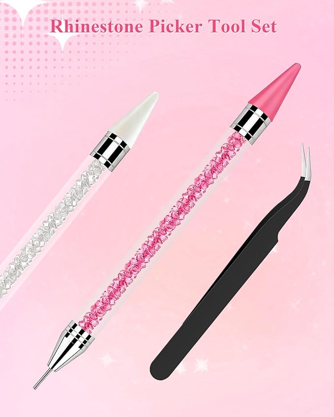 Difenni Rhinestone Picker Tool, Wax Pencil for Rhinestones Tool, Dual-Ended DIY Nail Bedazzling Tools with 2 Extra White and 2 Extra Pink Replaceable Wax Head and 1 Tweezer(White and Pink)