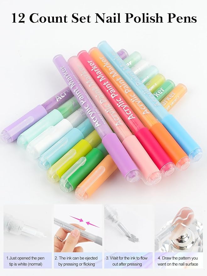 EBANKU 12 Colors Nail Art Pens Acrylic Paint Marker, Nail Polish Pens Quick Drying 0.7MM 3D Acrylic Paint Pens Clear Handle Nail Point Liner Drawing Painting Dotting Tool for Nail Art Design(Set B)