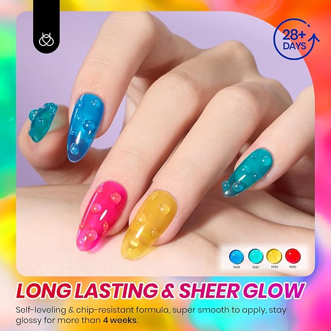 Beetles Jelly Gel Nail Polish Set, 6 Colors Summer Neon Gel Nail Polish Kit Sheer Transparent Effect Hot Pink Red Blue Yellow Green French Nail Art Tropical Glow Series Manicure Gift for Women