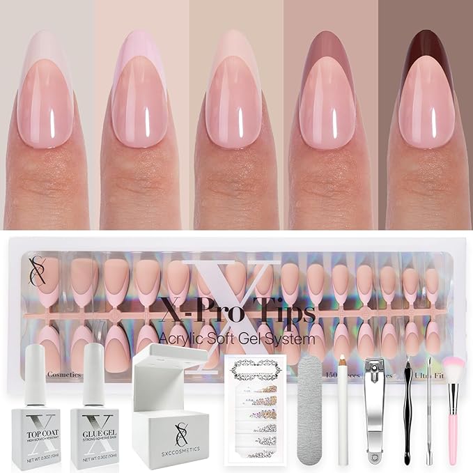 SXC Cosmetics French Tip Press On Nails - Skin Tone Nude and Color Series, Medium Almond X-Pro Tips Starter Kit ST115KIT