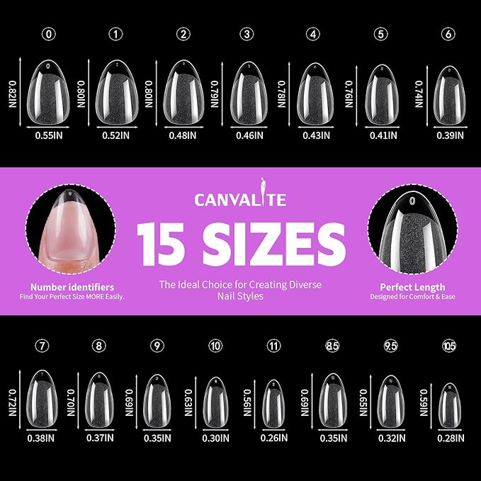 Canvalite 450Pcs Almond Press on Nails Kit with Nail Glue & Remover - Acrylic Gel Nail Tips for Extensions, 15 Sizes Full Cover False Nails, Half Matte & Glossy Finish, DIY at Home & Salon Use