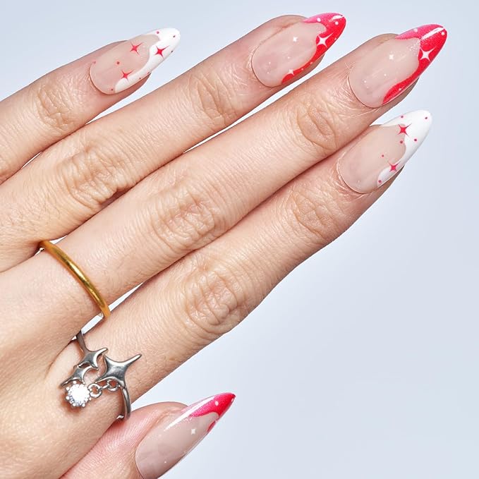 GLAMERMAID Hot Pink French Tip Press on Nails Medium Almond, Nude Jelly Gel Gothic Stiletto False Glue on Nails with Star Desgin for Women, Reusable Short Oval Stick on Acrylic Fake Nail Manicure Set