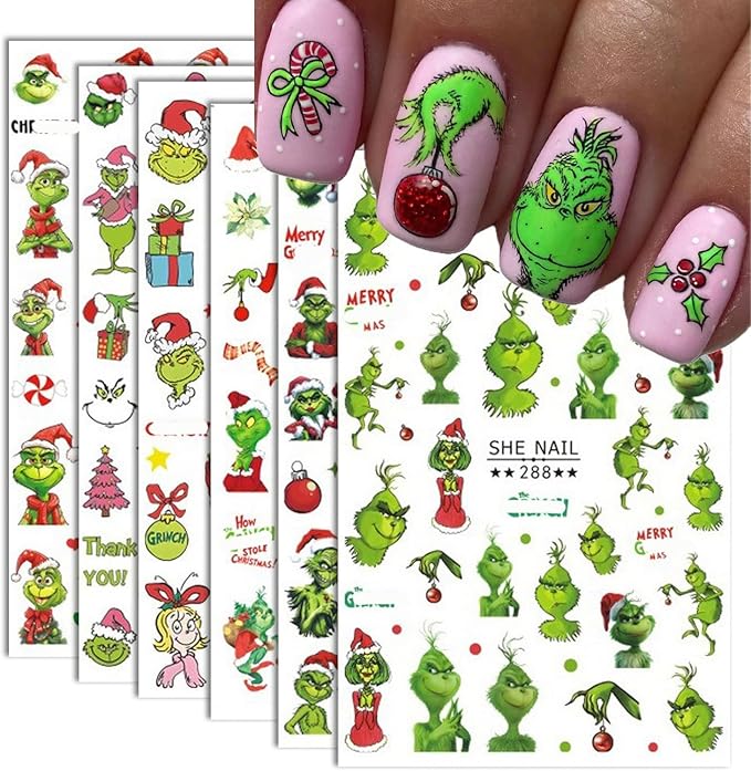 6 Sheets Christmas Nail Art Decals 3D Self-Adhesive Cartoon Xmas Nail Stickers Design WinterXmas Funny Green Monster Nail Decals Christmas Nail Decals Supplies for Women Nail Art DIY Manicure