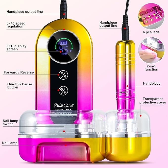 Professional Electric Nail Drill Kits 45000RPM Gradient Gold Portable Cordless 3-in-1 Nail File Machine with Rechargeable Stand and Nail Lamp for Acrylic Gel Polish Removing Home & Salon Use