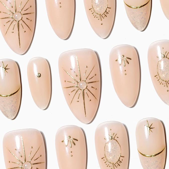 Sun&Beam Nails Handmade Press-On Medium Long Almond with Nude Color Diamond Design Charm Cute False Nail Tips 10 Pcs (#99 L)