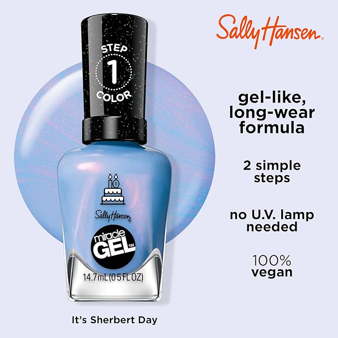 Sally Hansen Miracle Gel Salon Quality Nail Polish | Gel-Like Formula, Two-Step System, No UV Light Needed, Long Lasting | Sheer, Glossy | 628 It's Sherbert Day | Blue Nail Polish