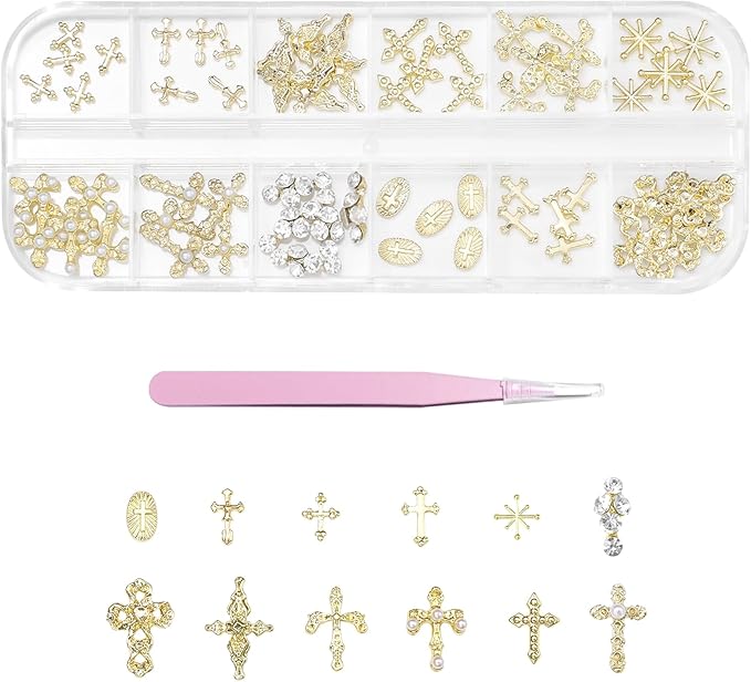 3D Cross Nail Charms for Nail Art, 60 Pcs Metal Crystal Cross Nail Decorations, Alloy Nail Studs and Rhinestones for Women Girl DIY Jewelry Crafts Supplies (Gold C)