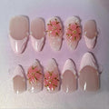 Handmade 3D Medium Almond Press On Nails，French Pink Gel Fake Nails, Long Lasting Reusable False Nails for Women, Easy Application Salon Manicure Designs (10 Pieces)- Size L