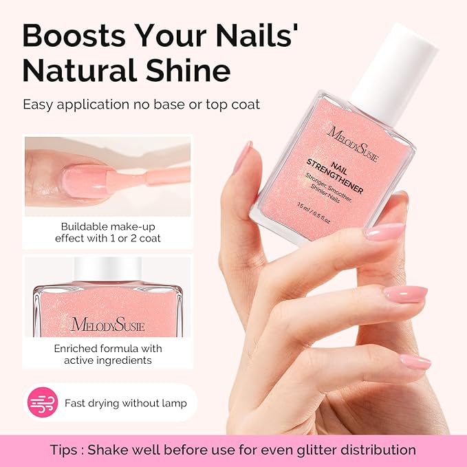 MelodySusie Nail Strengthener and Growth Treatment, 2-in-1 Ridge Filling Base Coat & Glossy Concealer Polish for Damaged Nail Repair and Healthy Shine,Gifts for Women 15ml 0.5 Fl Oz Sparkling Peach