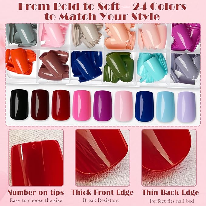 AddFavor Square Press on Nails Medium, 576pcs Square Fake Nails Full Cover Glossy Medium Nails Press on Acrylic False Nail Tips 24 Colors for Women