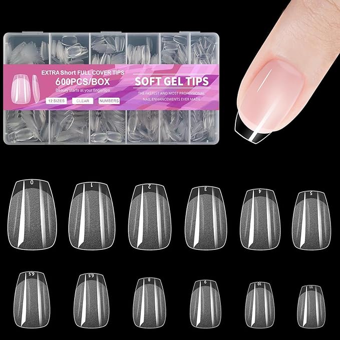 BlueZOO Extra Short Coffin Fake Nails Soft Gel Nail Tips, 600Pcs Full Cover Clear Press On Nails for Acrylic Nail Tip Soak Off Home DIY Salon, False Nail Tips for Beginner and Professional Manicure